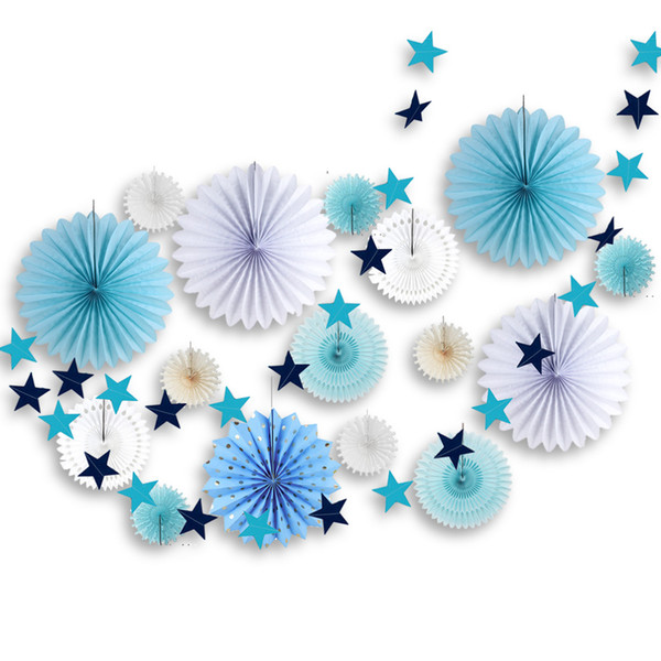 17pcs Blue & White Birthday Party Decoration Set Paper Rosettes Fans Star Garland For First Birthday Baby Shower Party Backdrop