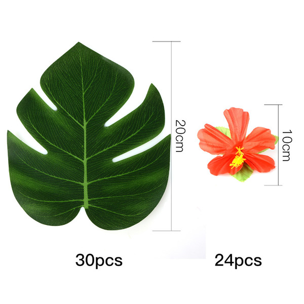 54Pcs Party Decor Supplies Tropical Palm Leaves Hibiscus Flowers Simulation Leaf for Hawaiian Jungle Beach Party table DIY Decor