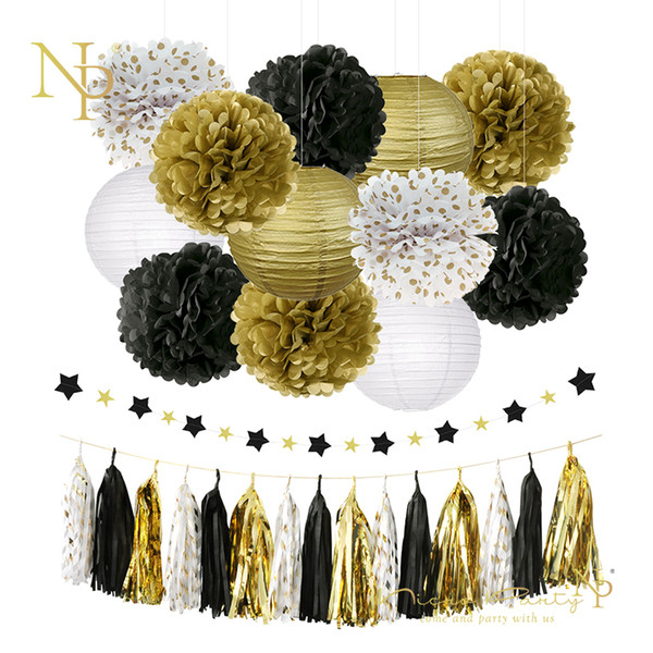 Nicro 28pcs/lot Graduation 2019 Party Decoration Kit Gold Slingers Tissue Paper Flower Lantern Tassel Garland Birthday #Set18