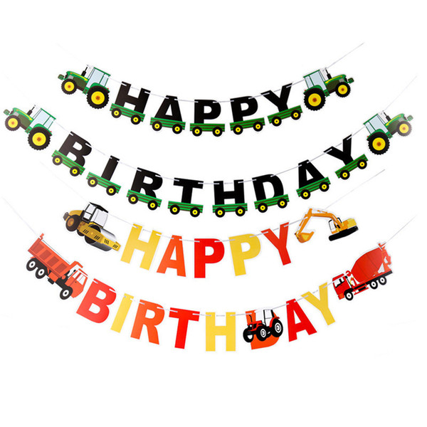 Farm Theme Construction Vehicle Happy Birthday Banner Truck Excavator Garland Tractor CupCake Topper Tattoo Sticker Party Decor