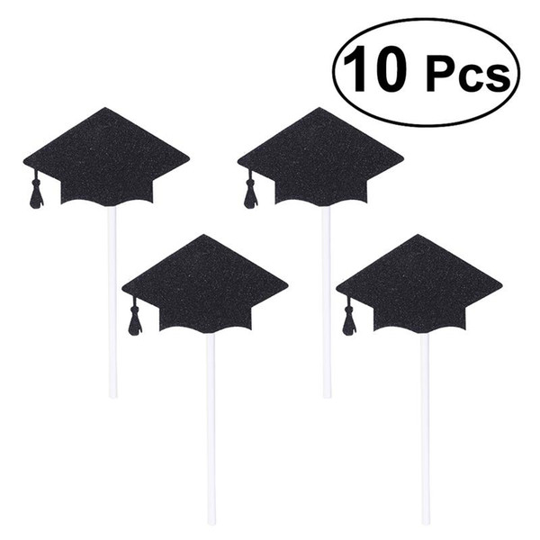 10pcs Glitter Doctorial Hat Cake Picks Cupcake Toppers Cake Decorations for Birthday Graduation Party Favors (Black)