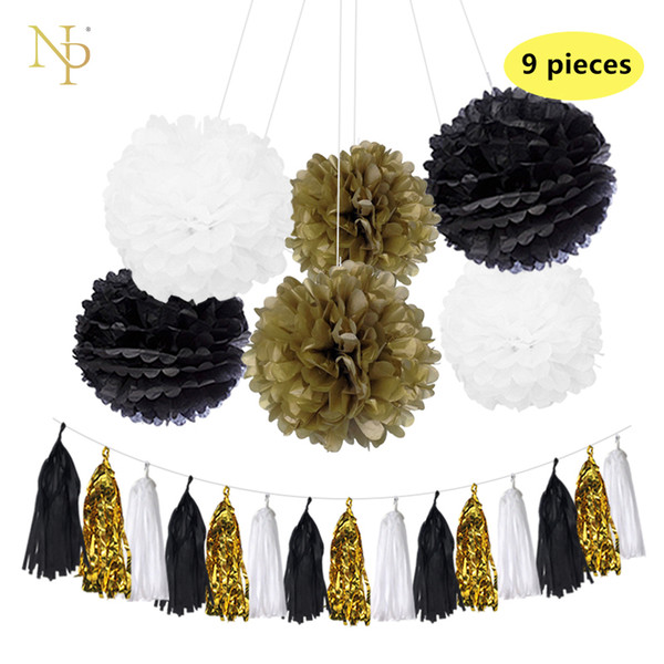 Nicro9 Pcs/Lot Mixed Gold Wihte Black Paper Flowers Paper Tassel Garland DIY Gender Reveal Party Decorative supplies.