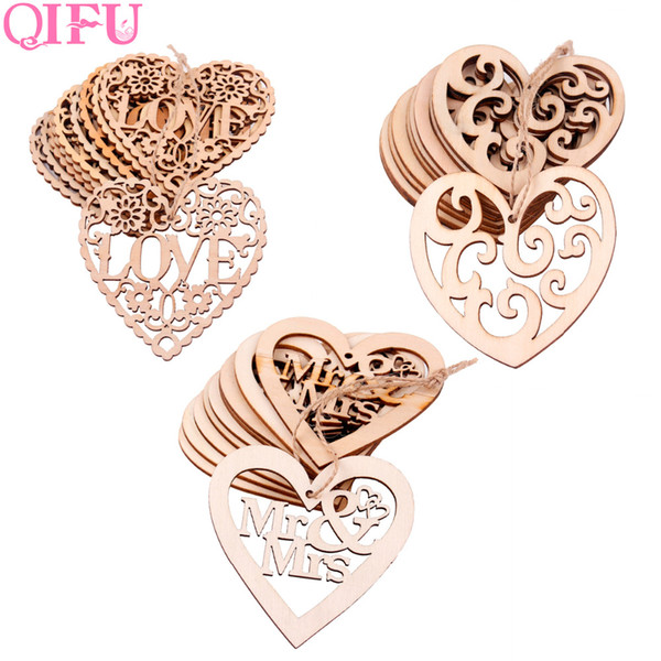 QIFU 10pcs LOVE Wooden Pendants Laser Cut Heart Shape Embellishment Wooden DIY Craft Hanging Ornament Wedding Party Decoration