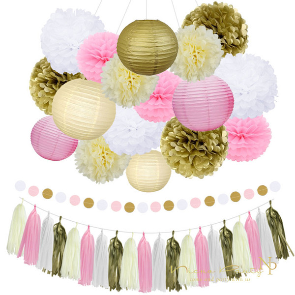 Nicro 22Pcs Mixed Gold Pink Ivory White Lantern Flower Tassel hanging DIY Baptism Birthday Wedding Party Decorations #Set02