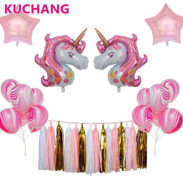 19pcs/lot Pink Purple Unicorn 18inch Pearl Foil Stars Marble Latex Balloons Tissue Tassel Garland for Birthday Party decorations