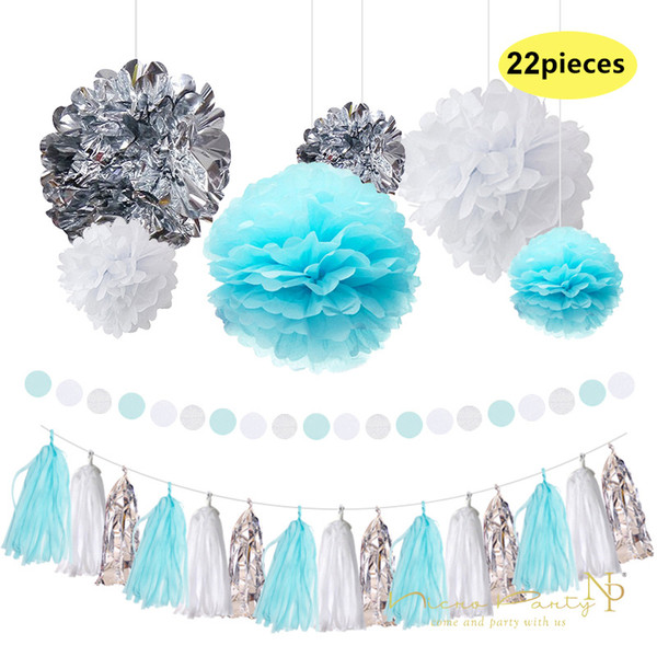 Nicro 22 Pcs/Lot Party Decoration Blue Paper Flowers White Silver Tassel Garland DIY Birthday Anniversaire verjaardag #Set08