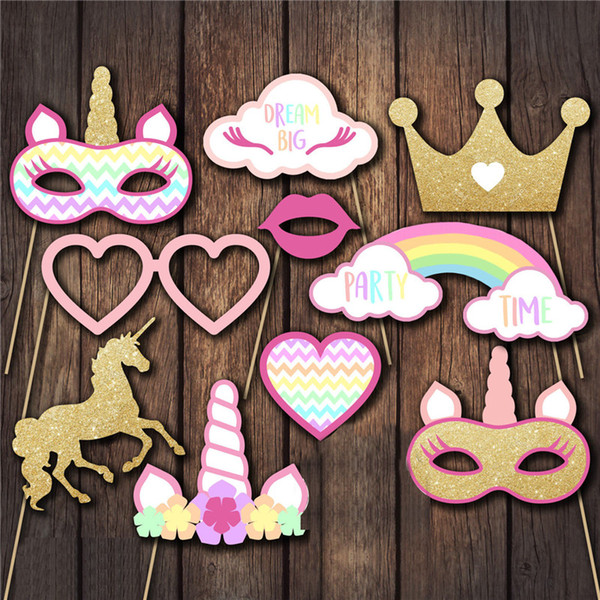 10PCS/ Set Unicorn Party Photo Booth Props Rainbow Unicorn First Baby Kids Birthday Photobooth Props Party Decoration