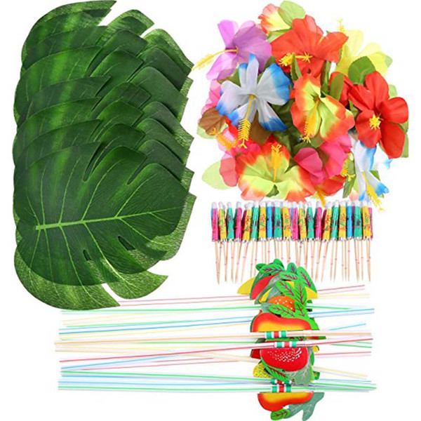 148 Pcs/Set Tropical Hawaiian Palm Leaf Flower Straw Luau Theme Grass Wedding Table Decor Jungle Beach Theme Party Decoration