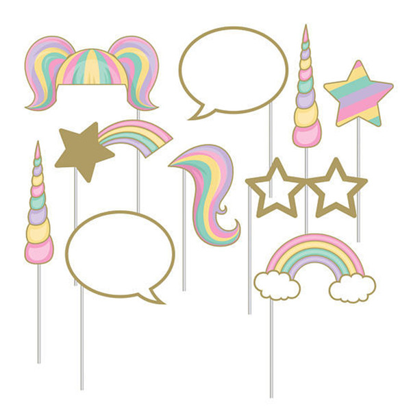 1Set Rainbow Unicorn Photo Booth Props Baby Kid Shower Photo Booth Props on A Stick Wedding Birthday Party Decoration Supplies,B