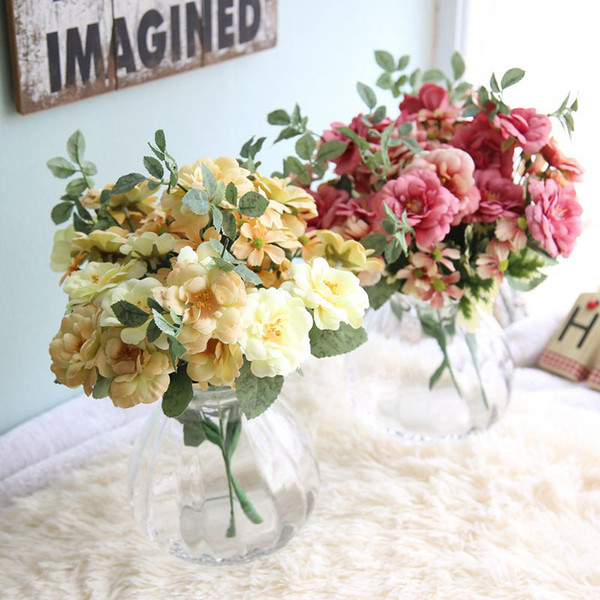 7 Heads Wholesale Oil Painting Tea Rose Bunch Artificial Flower Tea Rose Bouquet Home Decoration Wedding Holiday Flower DY1-421