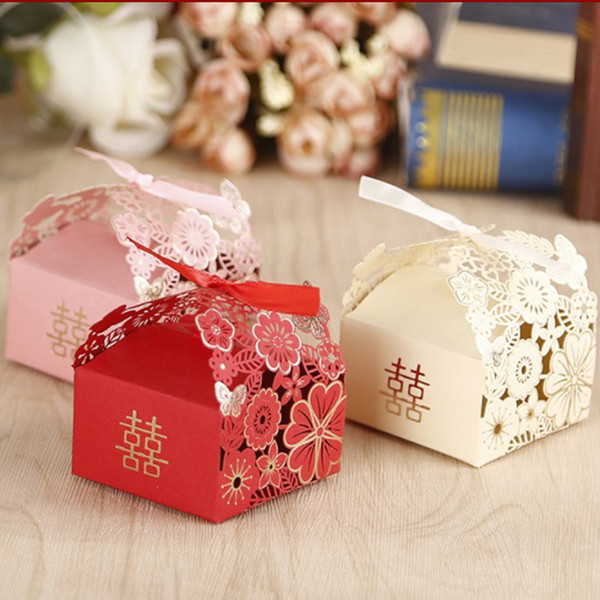 3 Colors Option party favors european hollow Chinese double happiness Casamento candy boxes wedding gift box 100pcs