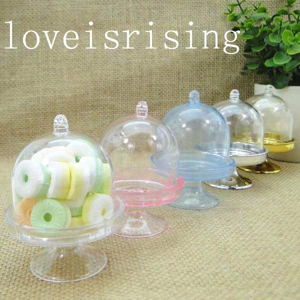 5 colors pick--50PCS Clear Mini Cake Stand Wedding Plastic Candy Boxes Baby Shower Birthday Sweet Table Reception Decor Ideas Cupcake Boxes