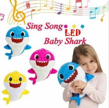 3 Colors 30cm LED Music Baby Shark Plush Toys Cartoon Stuffed Lovely Animal Soft Dolls Music Shark Plush Doll Party Favor 10pcs