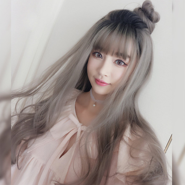 Aoki Linen Gray Wig Grey Bangs Long Wave Ombre Wig Modified Face Natural Hairline Simulated Scalp Wig for Lady,Vogue at Your Fingertips