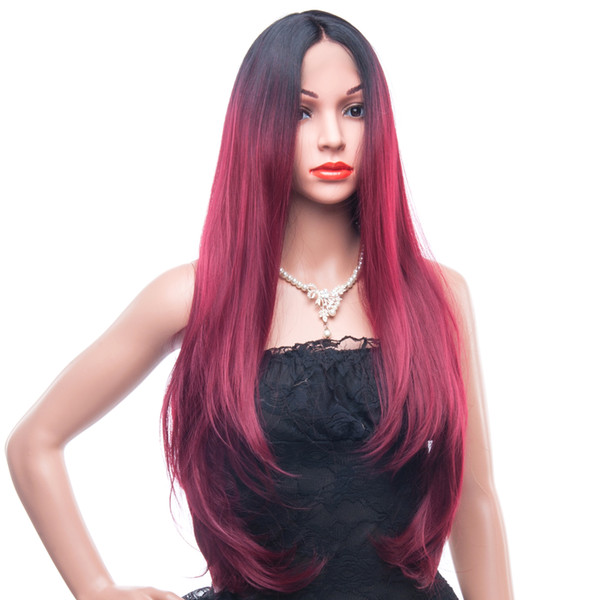 REAMIC Synthetic Lace Front Wig Dark Roots Long Natural Straight Women Heat Resistant Fiber Hair Half Hand,Color Wigs 24 inches(Red wine)