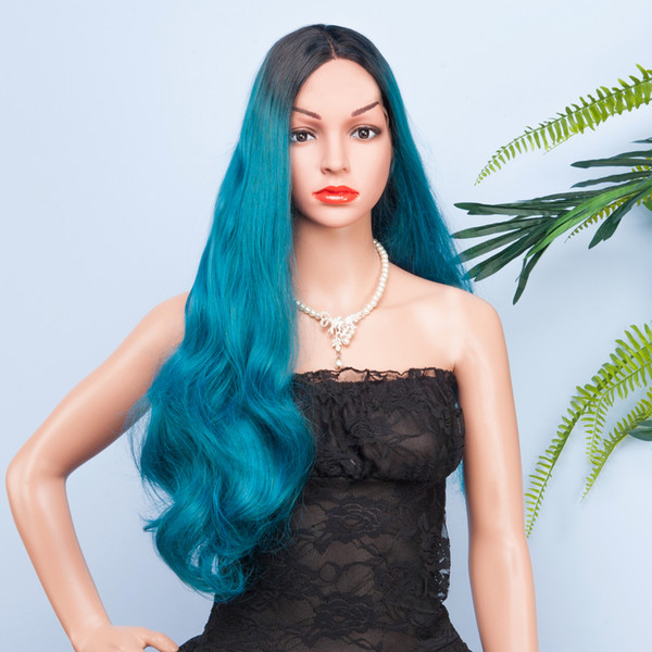 REAMIC Long Blue Wave Wig Blue Lace Front Wig Thick Soft Natural Hairline Dark Rooted Ombre Blue for Women Half Hand Tied(Blue 26inch)