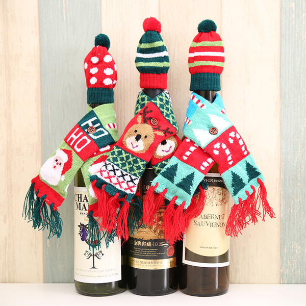 Santa Claus Knitting Hats and Scarf for Champagne Wine Bottle 2pcs/set Xmas Home Party Table Decorations Christmas Decoration Gifts