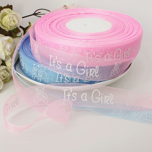 100yards/lot 25mm Girl/Boy Printed Organza Ribbon Baby Shower Favors DIY Accessories Christmas Colorful Ribbons for Gift Packing