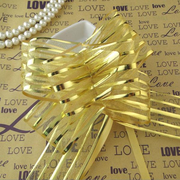 Free shipping--50pcs/lot 5cm Large Size Gold Color Organza Pull Bows For Wedding Car Decor Wedding Organza Pull Flower Ribbons Gift Wrap