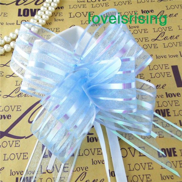 New Arrivals--50pcs/lot 5cm Large Size blue Color Organza Pull Bows For Wedding Car Decor Wedding Organza Pull Flower Ribbons Gift Wrap