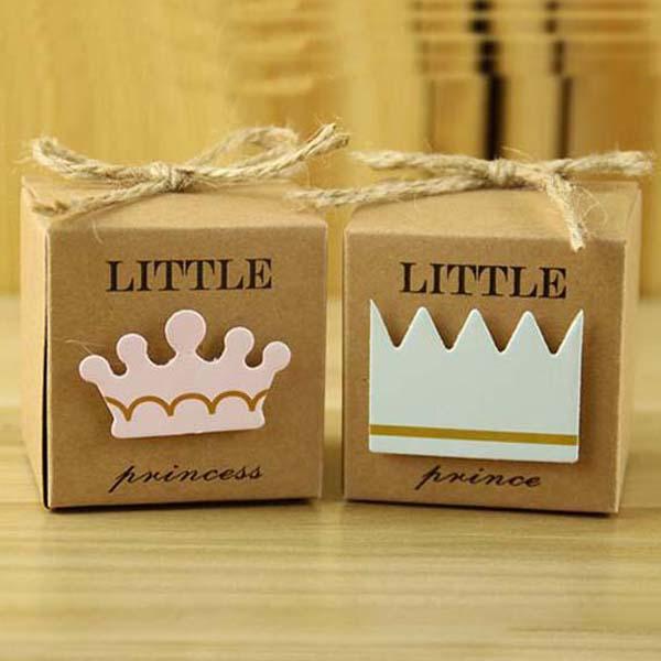 New Arrivals--100pcs/lot Little Prince or Princess Crown Kraft Paper Favor Boxes gift boex Baby Shower Birthday candy box With Hemp Ropes