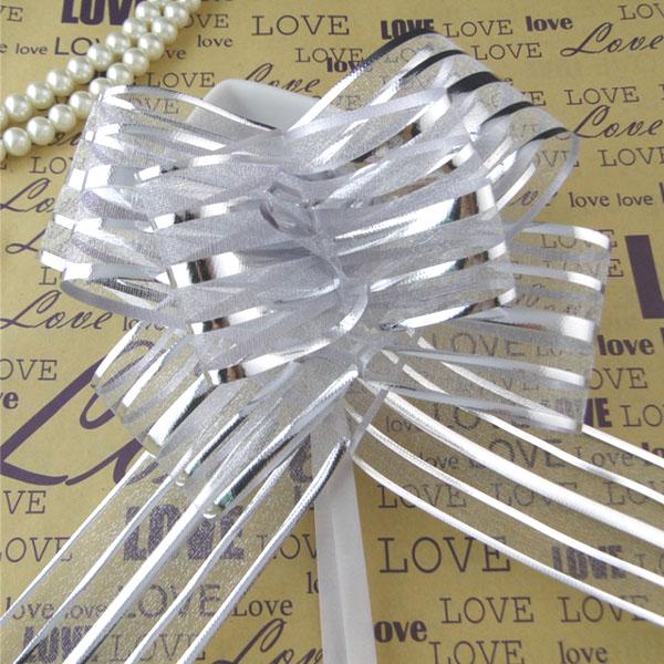 Wholesale--50pcs/lot 5cm Large Size silver Organza Pull Bows For Wedding Car Decor Wedding Organza Pull Ribbons Gift Wrap