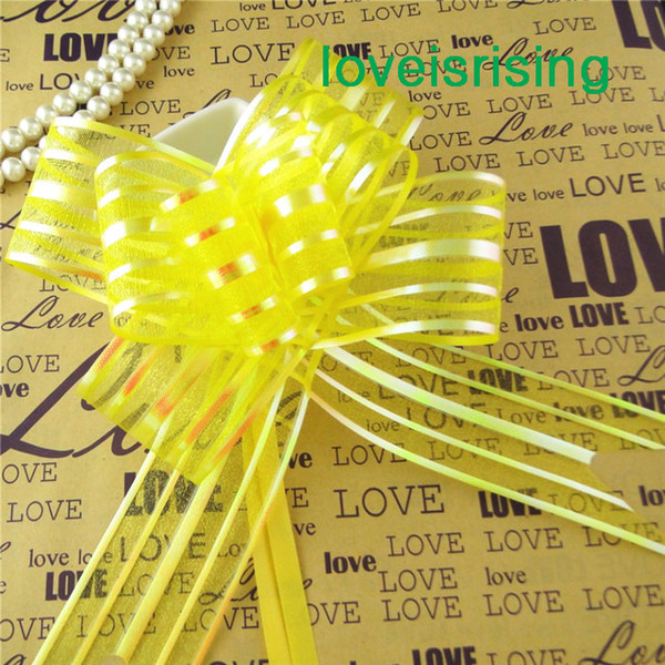 50pcs/lot 5cm Large Size Yellow Color Organza Pull Bows For Wedding Car Decor Wedding Organza Pull Ribbons Gift Wrap--Wholesale