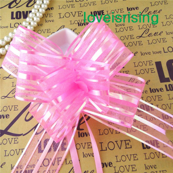 High Quality--50pcs/lot 5cm Large Size pink Color Organza Pull Bows For Wedding Car Decor Wedding Organza Pull Ribbons Gift Wrap