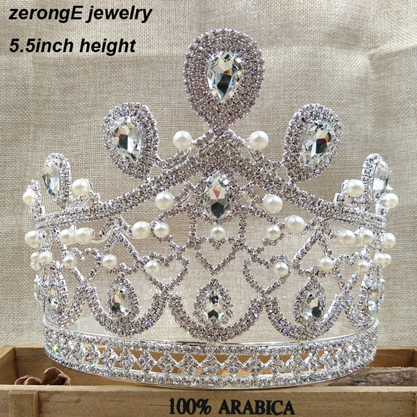 5.5inch luxury crystal crown silver big pageant hair masquerade pearl crown for wedding/bridal/carnical/party decorative