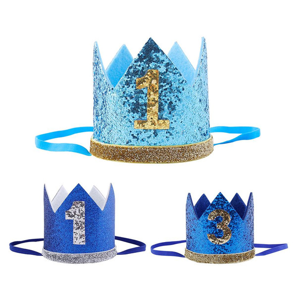 Blue Glitter Baby Birthday Crown Boy Girl 1st Birthday Party Crown Hat Headband Decoration