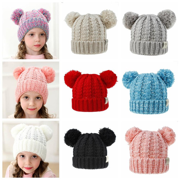 Winter Kids Knitted Hat Girls Baby Warm Pom Pom big Fur ball Wool Hat Ladies Skull Beanie Solid Crochet Ski Outdoor Caps A-LJJA3087