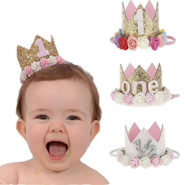 1PC Baby Girl boys Birthday Hat Happy 1st day Flower Priness Crown Headband Baby Shower Party hat decoration kids DIY gift