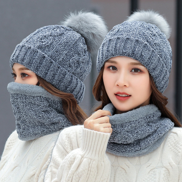 Woman Knit Hat Scarf Sets Winter Pom Pom Knitted Beanie Hats Woman Crochet Scarves Outdoor Warm Party Caps TA1832