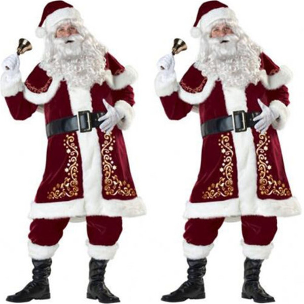 Thicken XLL Gold Velvet Santa Claus Suit Deluxe Men's Christmas 8pcs Set Fancy Dress Costume Xmas Santa Claus Costume