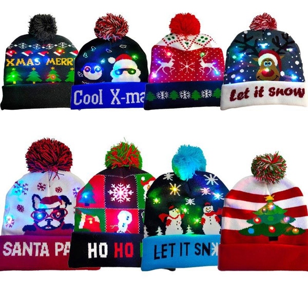 Led Light Christmas Knitted Caps for adults Winter warm Beanies Pompom Ski Cap Xmas party gifts Hats props Santa Snowman Reindeer decoration