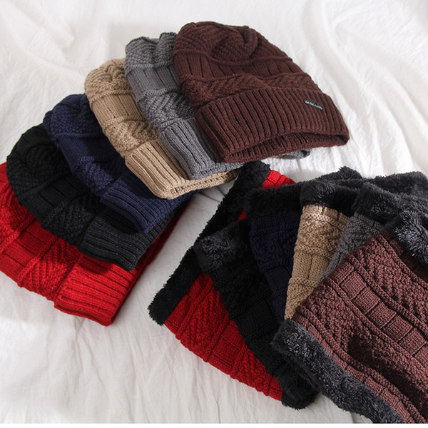 DHL 2-Pieces Winter Beanie Hat Scarf Set Warm Knit Hat Winter Man Hat Muffler Wool Line Knitting Wool Caps Adult Scarf Hats