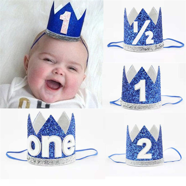 Hot Child Birthday Crown 2019 Newest First Birthday Party Hat Decor Hair Accessory Baby Boy Girls Princess Crown Blue Party Hats