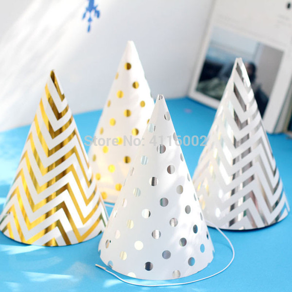 480pcs Happy Birthday Funny Party Cone Hat New Years Caps Gold Silver Stripe Elastic Neck Straps For Children Adults Y19061704