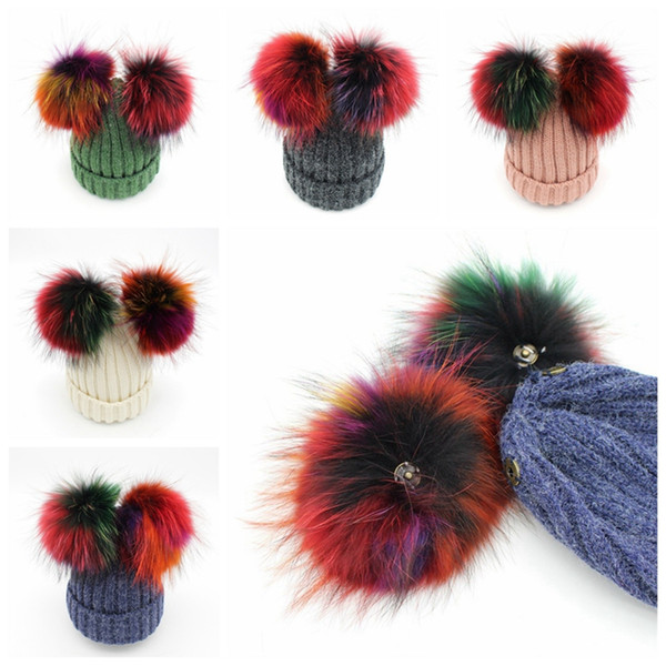 Fashion Woman Knitted Hat Double Colorful Pom Pom Ball Beanie Cap Winter Warm Outdoor Ski Caps Xmas Party Hats TTA2081-8