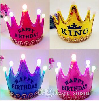 Wholesale-Children Kids Party Birthday Festival LED Light Cap Hat Crown King/ Princess Girls Handmade Headband