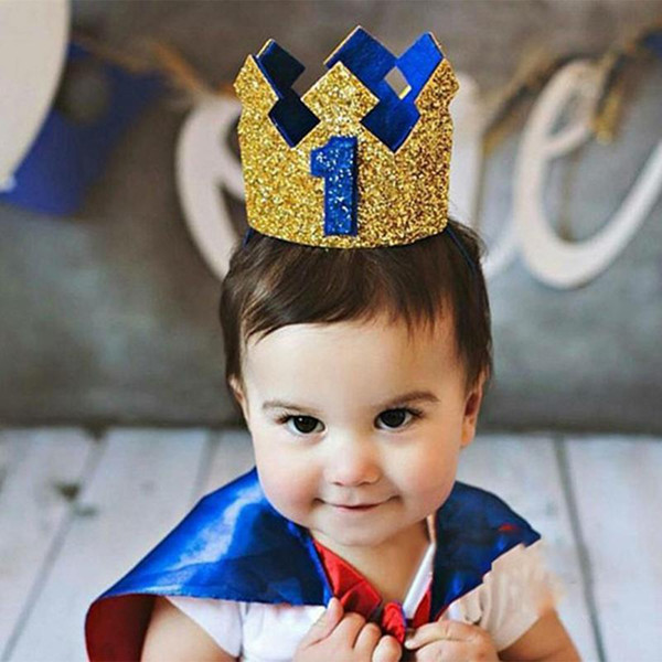 Boy First Birthday Hat Blue Gold Glitter Girl Gold Pink Princess Crown 1st 2 3 Year Old Party Baby Shower Decor Headband Princes