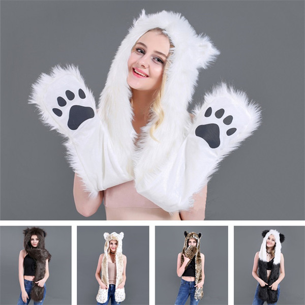 high quality Girls Hats Ears Faux Animal Wolf Hood Scarf Gloves Spirit Paws Ears Warm Animal Hood Party Hats T5I088