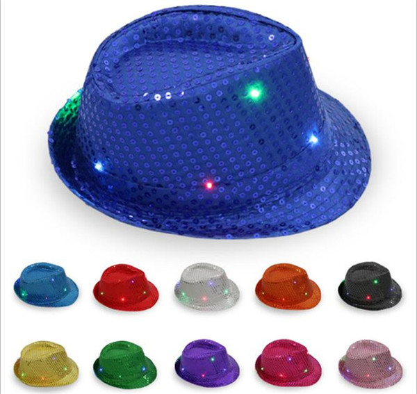 30pcs LED Jazz Hats Flashing Light Up Led Fedora Trilby Sequins Caps Fancy Dress Dance Party Hats Hip Hop Lamp Luminous Hat G095