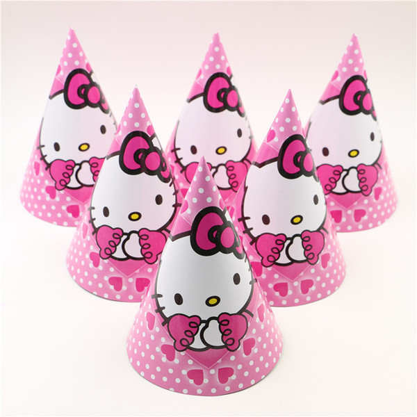 Wholesale-Hot 12pcs Party Supplies Cheering Toys Paper tricorn Cartoon hat Lovely Hello kitty Cap kids birthday Decoratin Favors Christmas