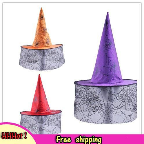 Halloween party witch hat ribbon Wizard Hat lovely printed lace Witch Pumpkin tip hat