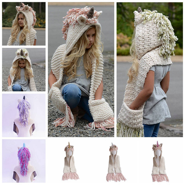 7 Color Unicorn Hooded Scarf Earflap Knitted Cap Cute Unicorn Baby Kid Girls Boy Winter Hat Wrap Unicorn Caps Scarf 30pcs