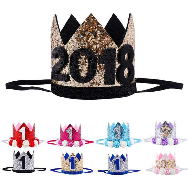 Kids 2018 New Year 1St Birthday Hat Baby Birthday Party Cap Girl Boys Pink Blue Flowers Princess Crown Headband Hairwear V3