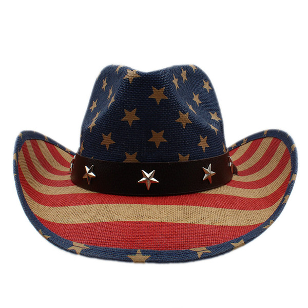 Summer Women Men Hollow Western Cowboy Hat Gentleman Cowgirl Jazz Equestrian Cap Dad Sombrero Beach Sun Hat American Flag