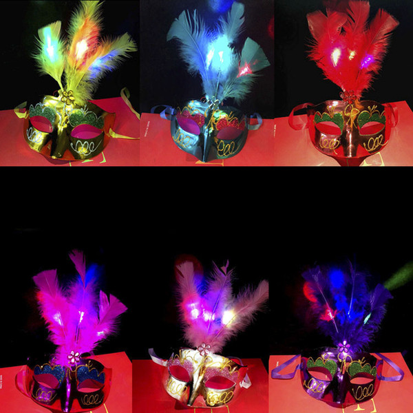 Women Venetian LED Mask Masquerade Fancy Dress Party Princess Feather Masks for Halloween Carnivals Party Masquerade Ball Mask