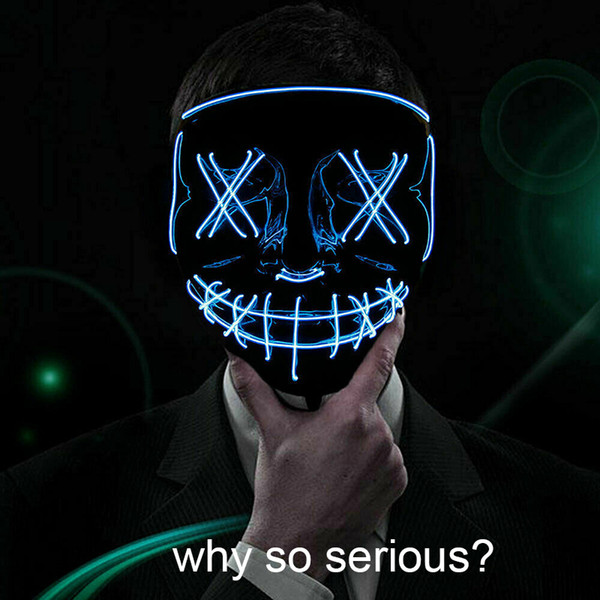 Halloween LED Glow Mask Voice Control 3 Modes EL Wire Light Up The Purge Movie Costume Party Grimace Jester Jolly Mask